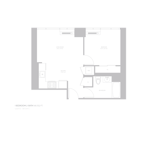 Floor plan for 1 bed, 1 bath, 542 sqft